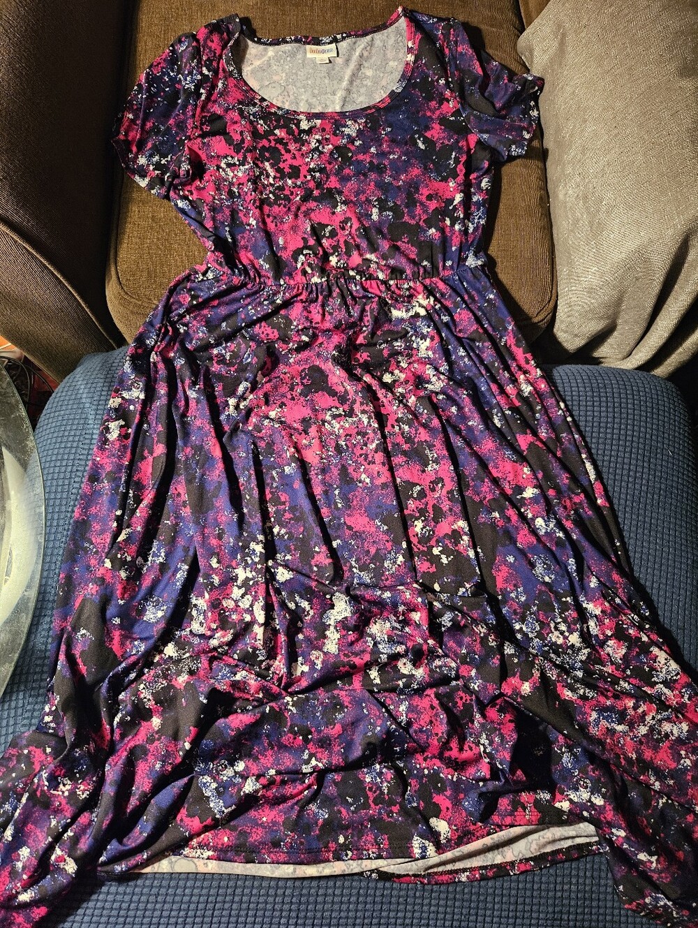 LuLaRoe Medium RILEY DRESS EMPIRE GALAXY TIE DYE BLACK PINK PURPLE BLUE NWOT